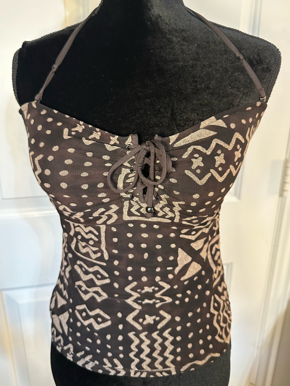 Ralph Lauren Tribal Print Tankini Swim Set Side Tie Brown Tan M Est - Picture 2 of 16